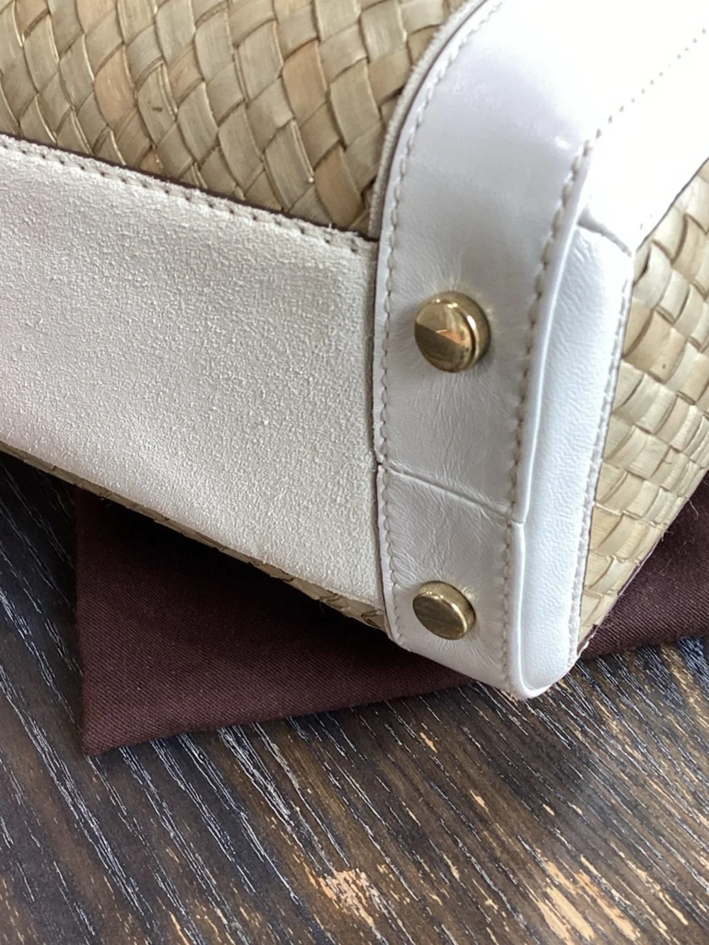 Coach White Leather Suede and Natural Woven Straw Tote with Gold Hardware - Picture 8 of 15